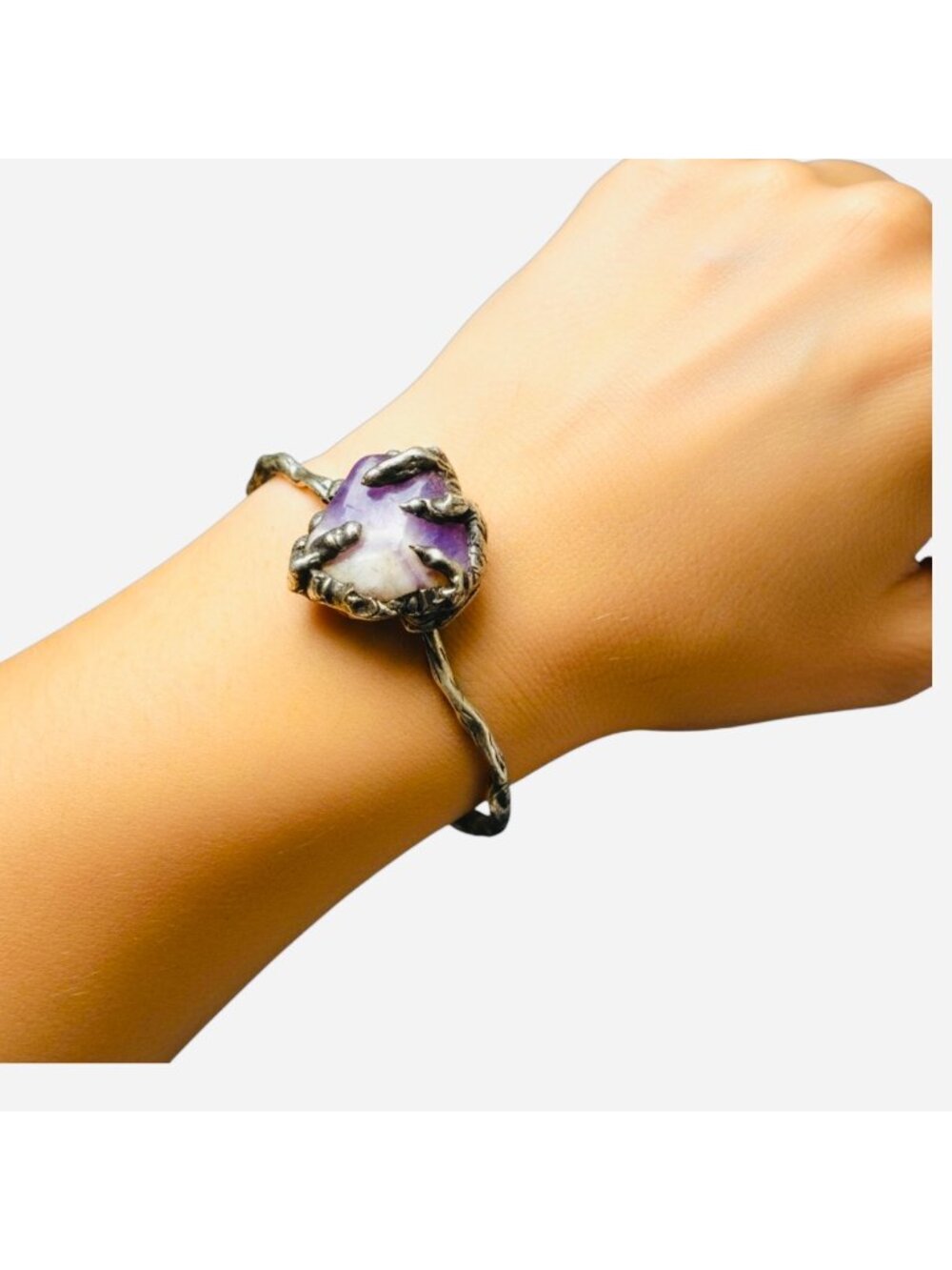 Amethyst Claw Cuff Bracelet - Silver Blend Boho Metalwork | Alma Antigua - Picture 8 of 14